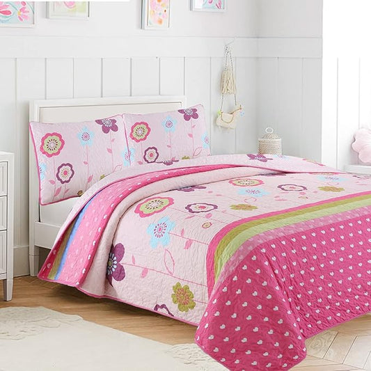 Cozy Line Home Fashions Pink Little Heart Floral Microfiber Reversible Girls Coverlet Bedspread Quilt Set, Bedspread, Coverlet (Flower Garden, Queen - 3 Pieces)