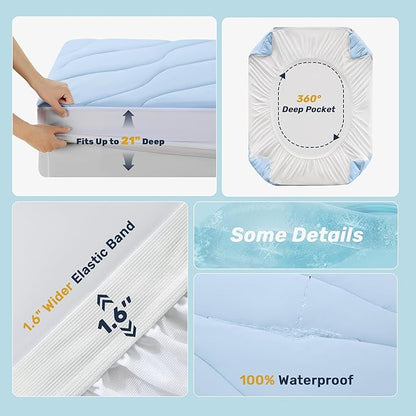 Unikome Ultra Soft Waterproof Mattress Pad King, Cooling Mattress Protector for Hot Sleepers, 5-Layers Noiseless Washable Mattress Cover with 8"-21" Deep Pocket (Light Blue, 78x80)