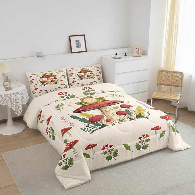Feelyou Frog Print Bedding Set Kids Kawaii Comforter Set Frog Mushrooms Comforter Cover Set for Room Decor Botanica Cute Mushroom Decor Beige Red Duvet Set Queen Size 3Pcs Quilt Set