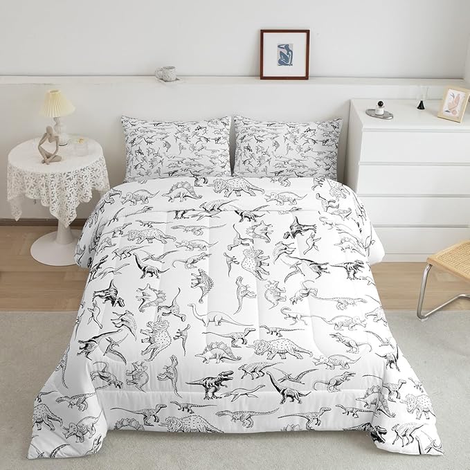 Feelyou Dinosaur Bedding Set Queen Size 3D Digital Print Comforter Set for Kids Boys Girls Decor Jungle Dino Comforter Wild Animal Black and White Duvet Set Bedroom Quilt Set