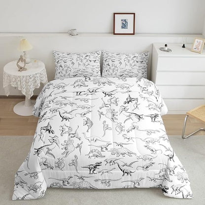 Feelyou Dinosaur Bedding Set Queen Size 3D Digital Print Comforter Set for Kids Boys Girls Decor Jungle Dino Comforter Wild Animal Black and White Duvet Set Bedroom Quilt Set