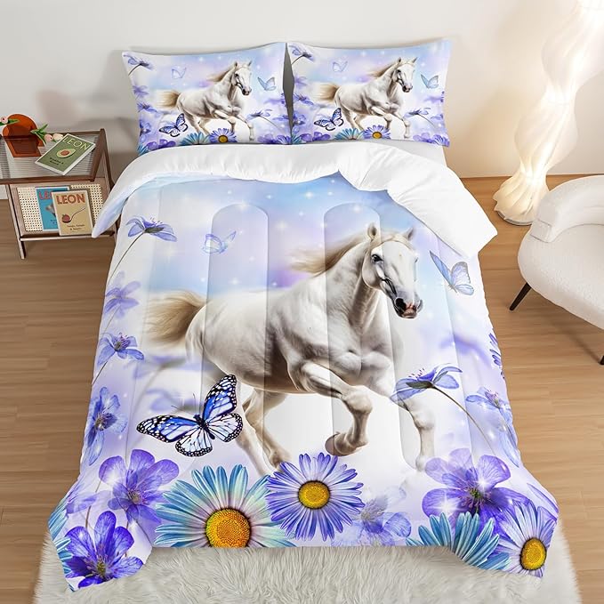 Horse Comforter 3 Piece Bedding Set,Queen Size Comforter Sets for Girls Boys Room Decor,Floral Butterfly Comforter Sets with 2 Pillowcases,Soft Lightweight Bedding Set for All Seasons.