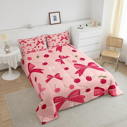 Feelyou Bow Comforter Set for Girls Boys Kids Twin Size Cheery Comforter Room Decor Cute Bedding Set Hot Pink Duvet Set
