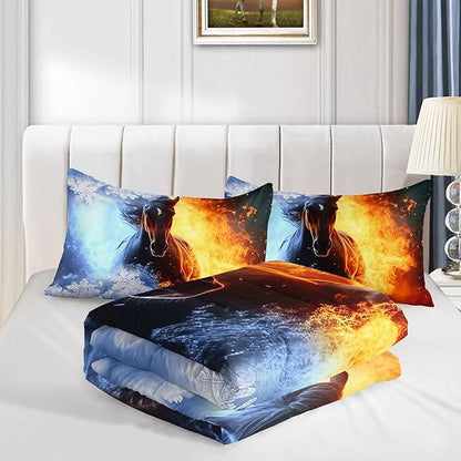 3D Horse Comforter Set Fire Ice Printed Bedding Set with 1 Comforter and 2 Pillowcases for Boys and Girls Bedroom All Season(Horse Full)