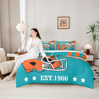 Erosebridal Full Kids Comforter for Sports Fans Football City Bedding Sets, 7Pcs Sports Helmets Rugby Decor Comforter + Flat Sheet + Fitted Sheet + 2 Pillowcases + 2 Throw Pillow Covers