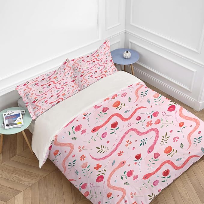 Reptiles Snake Theme 3 Pieces Duvet Cover Comforter Set with 2 Pillowcase Full Size Snake Flower Bed Sheet Quilt Bedroom Bedding for Lover Kids