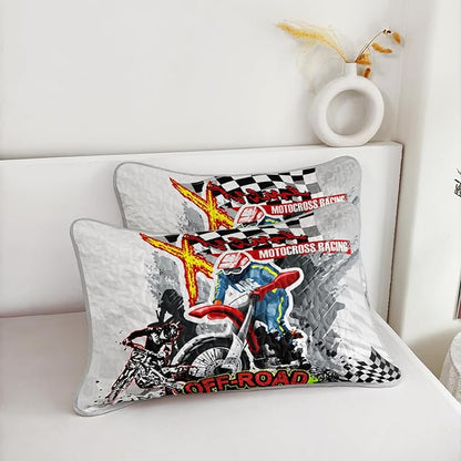 AILONEN 3-Piece Motocross Racing Quilt Set King Size Motorcycle Dirt Bike Bedspread Coverlet Soft Microfiber with 2 Pillowcases for Kids Girls Bed Cover