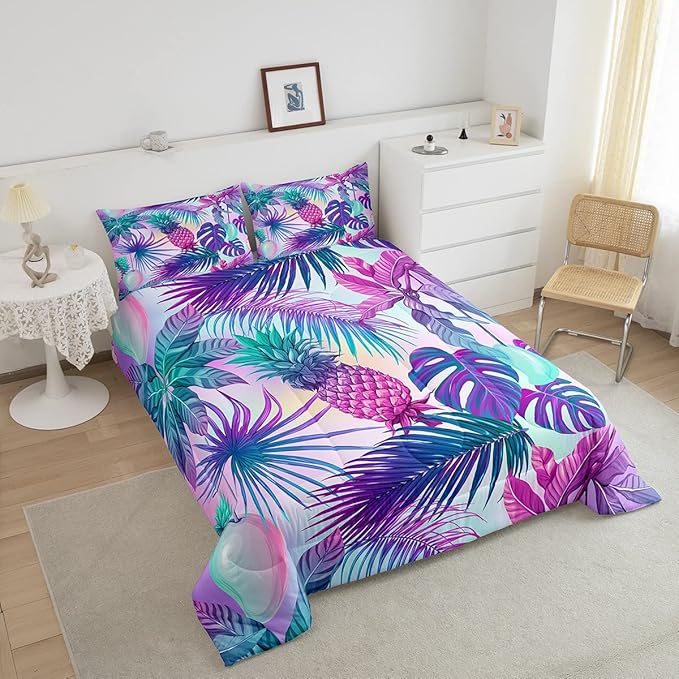 Feelyou Cartoon Pineapple Comforter Palm Leaves Bedding Set for Kids Boys Girls Tropical Botanical Comforter Set Watercolor Purple Blue Decor Quilt Set Bedroom Collection 3Pcs Full Size