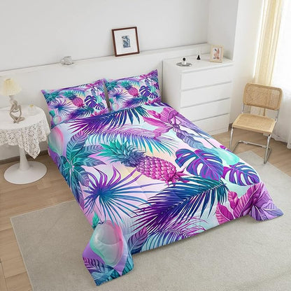 Feelyou Cartoon Pineapple Comforter Palm Leaves Bedding Set for Kids Boys Girls Tropical Botanical Comforter Set Watercolor Purple Blue Decor Quilt Set Bedroom Collection 3Pcs Queen Size