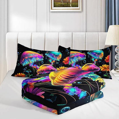 Kids Toddler Bedding Jellyfish Comforter Set,Marine Life Water Plants Bubbles Bedding Queen Size Comforter Sets for Girls Boys Room Decor,Aesthetic Bedding Comforter Sets with 2 Pillowcases.