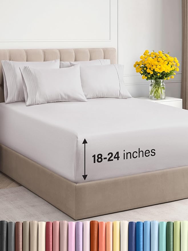 Extra Deep Queen Sheet Set - 6 Piece Breathable and Cooling Sheets - Hotel Luxury Bed Sheets Set - Easy Fit - Soft, Wrinkle Free and Comfy Sheets Set - French Grey Sheet Set with Extra Deep Pockets