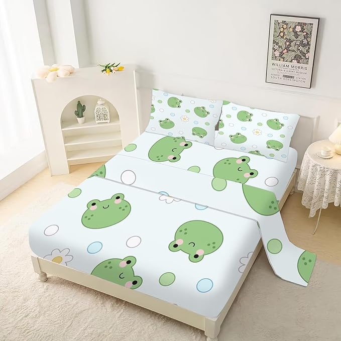 Frog Sheets Set Twin: Kawaii Flower Frogs Bedding for Kids Girls Teens Bedroom Bed - 1 Flat Sheet, 1 Fitted Sheet, 1 Pillowcase