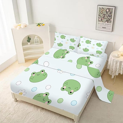 Frog Sheets Set Twin: Kawaii Flower Frogs Bedding for Kids Girls Teens Bedroom Bed - 1 Flat Sheet, 1 Fitted Sheet, 1 Pillowcase