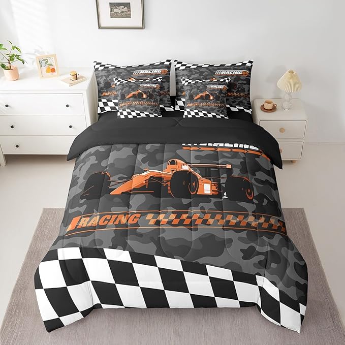 Feelyou Orange Racing Car 7 Piece Bedding Set King Size Kids Boys Cartoon Race Car Comforter Set with Sheets for Teens Toddler Extreme Sports Bed in a Bag Camouflage Bed Set