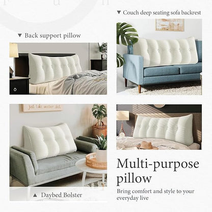 Wedge Headboard Pillow Dorm Room Reading Pillow Back Support for Sitting Up in Bed Bolster Lumbar Cushion Body Positioning Bedrest Corduroy (White, Full (54 * 8 * 20in))