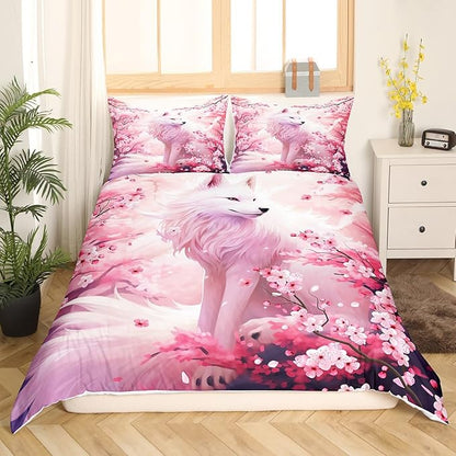 Fox Duvet Cover Set Queen Size,Pink Cherry Blossom Bedding Set 3Pcs,Wild Animals Plants Comforter Cover for Kids Girls Woman Adult Bedroom Decor,Japanese Style Romantic Quilt Cover,2 Pillowcases