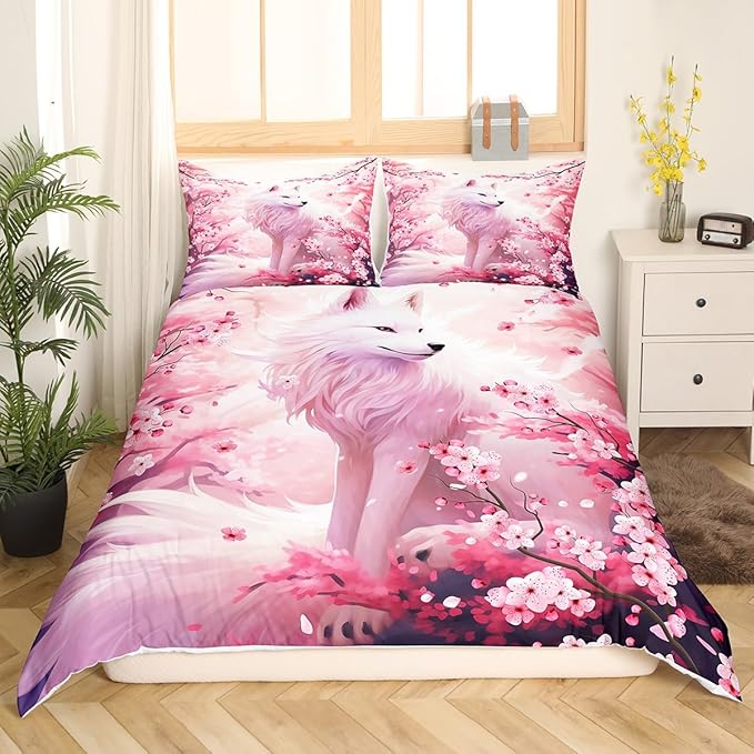 Fox Duvet Cover Set King Size,Pink Cherry Blossom Bedding Set 3Pcs,Wild Animals Plants Comforter Cover for Kids Girls Woman Adult Bedroom Decor,Japanese Style Romantic Quilt Cover,2 Pillowcases