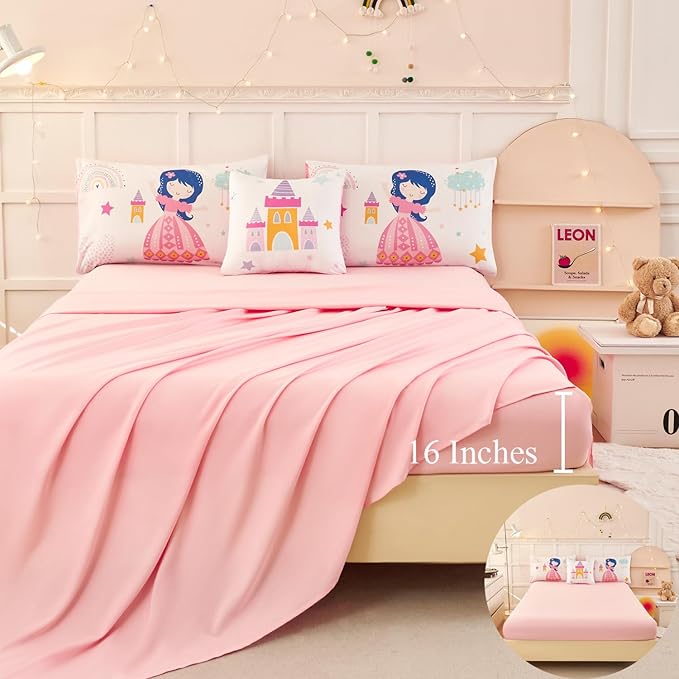 ANGIYUIN Princess Fairy Tales Twin Size Comforter Set for Girls Cartoon Rainbow Love Kids Bed in A Bag with Sheets Cute and Soft Bedding Set for All Season(Princess, Rainbow, Castel, White)