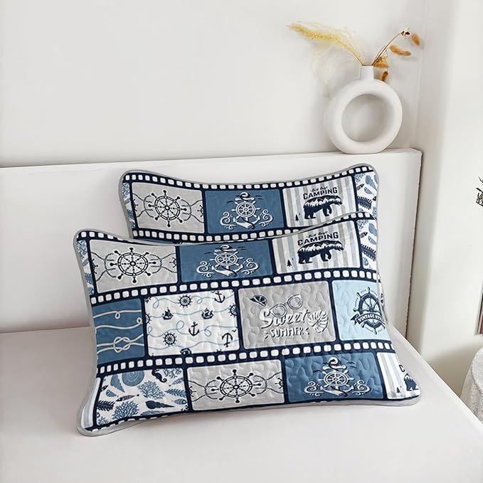 QOOMO Voyage Quilt Set Full/Queen Size,Sailing Bedspread Coverlet Set,Ocean 3Pcs Bedding Set Printed Quilt with 2 Pillowcases,Soft and Lightweight,for All Seasons