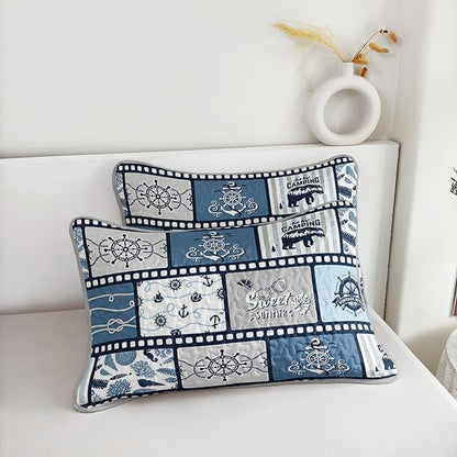 QOOMO Voyage Quilt Set King Size,Sailing Bedspread Coverlet Set,Ocean 3Pcs Bedding Set Printed Quilt with 2 Pillowcases,Soft and Lightweight,for All Seasons