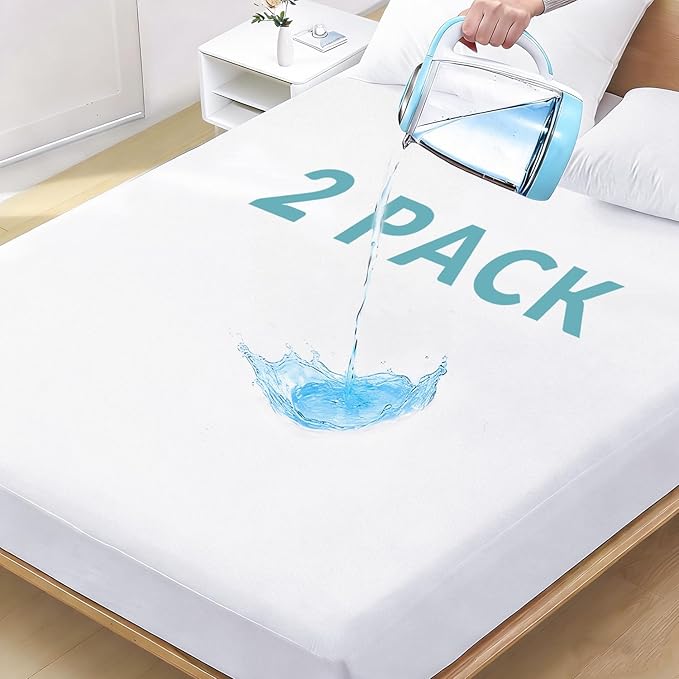 Queen Mattress Protector Waterproof- 2 Pack Washable Mattress Cover Queen Size Fitted Bed Pad Noiseless Plastic Protection Up to 18” Allergy Mattress Protector Soft&Breathable（White）