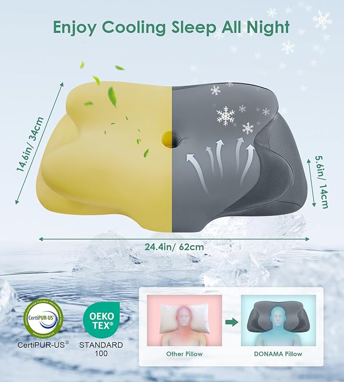 DONAMA Cervical Neck Pillow- Ergonomic Pillows for Pain Relief, Contour Memory Foam Pillow for Side/Back/Stomach Sleepers, CertiPUR-US Certified with Cooling Ice Silk Pillowcase