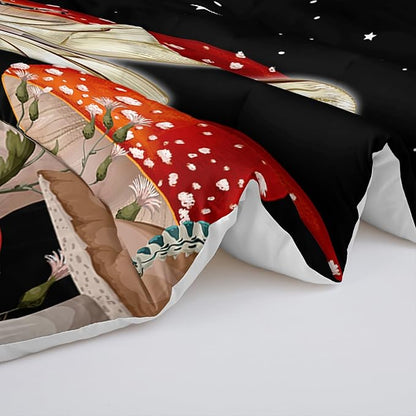 Black Bee Comforter Set Twin Size, 3Pcs Animal and Mushroom Moom Stars Bedding Set for Kids Adults with 2 Pillowcases for Bedroom All Season