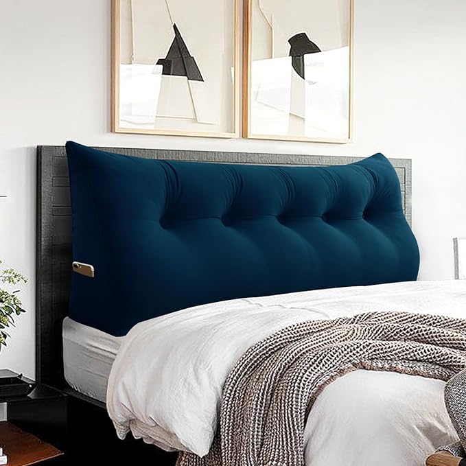 Triangle Headboard Pillow - 3 in 1 Large Bed Pillow as Wedge Reading Pillow, Large Couch Daybed Pillow or Positioning Support Backrest Back Cushion for Sitting in Bed Velvet Queen Deep Blue