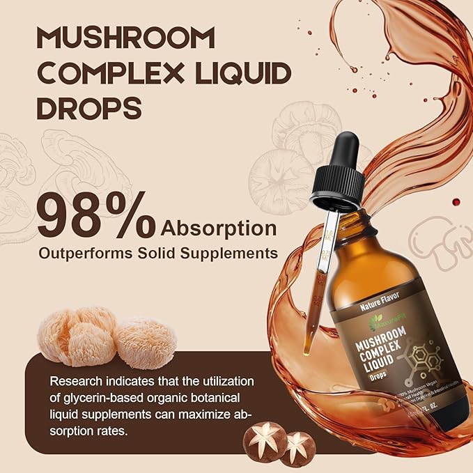 2 Pack Vegan Immune Mushroom Tincture Supplement,7 in 1 Mushroom Extract Liquid Drops with Lion's Mane,Shiitake,King Trumpet,Turkey Tail,Reishi,Chaga & Cordyceps 4 fl oz (120 Servings)
