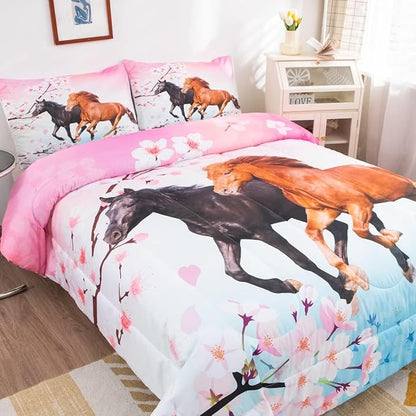 Feelyou Girls Horse Bedding Set Toddler Size Galloping Horses Comforter Set for Kids Teens Cherry Blossom Comforter 3D Wild Animal Duvet Set Farmhouse Bedroom Decor Quilt Set 2Pcs