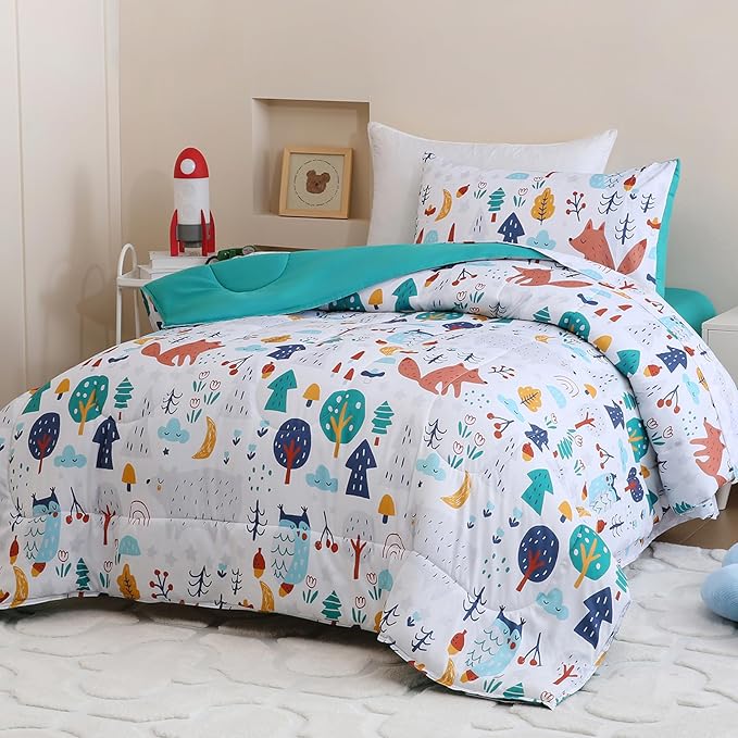 Toddler Comforter Set for Kids, Boys, Girls, 4 Pieces Bed-in-a-Bag Bedding Set, All Season Ultra Soft Sheets Set with Comforter, Forest Fox