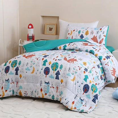 Toddler Comforter Set for Kids, Boys, Girls, 4 Pieces Bed-in-a-Bag Bedding Set, All Season Ultra Soft Sheets Set with Comforter, Forest Fox