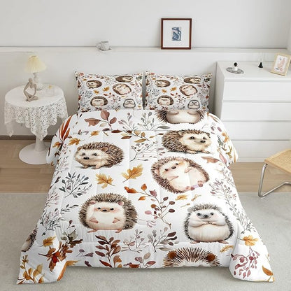 Cartoon Hedgehog Kids Bedding Sets,Watercolor Autumn Leaves Plants Comforter Set for Boys Girls Teens,Cartoon Wild Animals Rustic Style Down Comforter with 2 Pillowcases Queen Size 3 Pcs