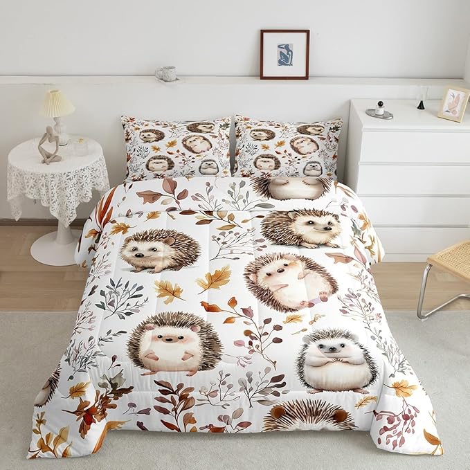 Cartoon Hedgehog Kids Bedding Set,Watercolor Autumn Leaves Plants Comforter Set for Boys Girls Teens,Cartoon Wild Animals Rustic Style Comforter Duvet Set with 2 Pillowcases Full Size 3 Pcs