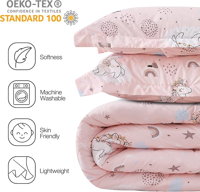 JSD Pink Unicorn Kids Comforter Set Queen Size, 3 Piece Printed Microfiber Comforter with Pillow Sham, Machine Washable