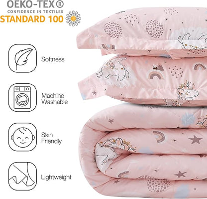 JSD Pink Unicorn Kids Comforter Set Full Size, 3 Piece Girls Rainbow Microfiber Comforter with Pillow Shams, Lightweight All Season Washable