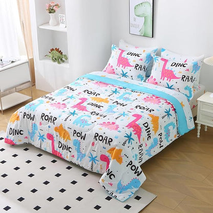 Wajade 7 Piece Kid Girls Dinosaur Comforter Set Twin Size 3D Pink Dinosaur Wild Park Jungle Print Bedding Set with Comforter, Sheet Set, Pillowcase and Sham
