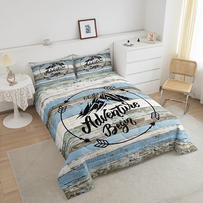 Castle Fairy Happy Camping Full Size Comforter Set Blue Plank Bedding Set for Kids Adults Teens Mountain Printed Comforter Luxury Country Style Quilt Set Room Decor 3Pcs
