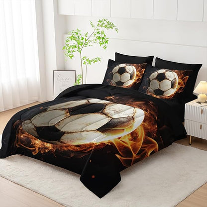 Soccer Print Comforter 7Pcs Gaming Sport Flame Soccer Bedding Set for Kid Teen Girl Boy Adult Sports White Black Football Quilt Bed Set Twin with 2 Sheets,2 Pillowcases,2 Throw Pillow Covers