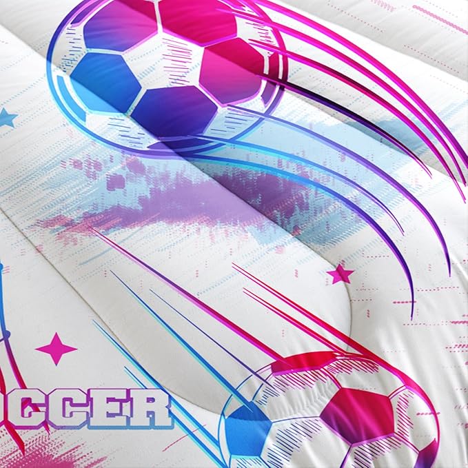 Ball Games Bedding Football King Comforter Set,Pink and Blue Soccers Stars Bedding Set for Kids Girls Boys Room Decor,Sports on The Court Aesthetic Bedding Sets with 2 Pillowcases.