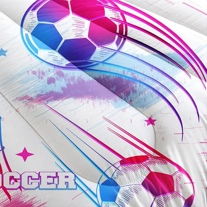 Ball Games Bedding Football Full Comforter Set,Pink and Blue Soccers Stars Bedding Set for Kids Girls Boys Room Decor,Sports on The Court Aesthetic Bedding Sets with 2 Pillowcases.