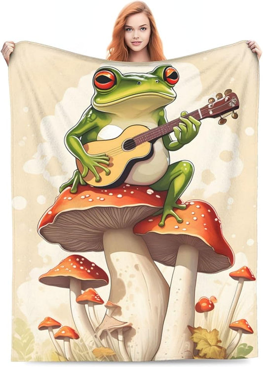 Frog Mushroom Blanket Gifts for Kids Funny Frog Play Guitar Flannel Throw Blankets Soft Comfy Lightweight for Home Decor Couch Bed Sofa 80x60 Inches