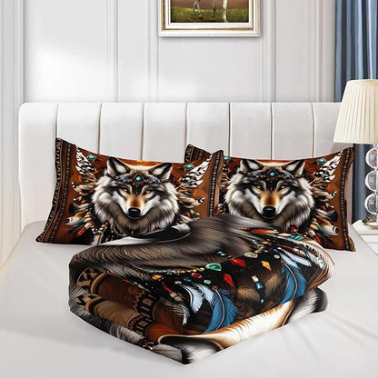 HOSIMA Wolf Bedding Sets Full for Kids,Tribe Decoration Print Animal Bedding,Lightweight Fluffy Dreamcatcher Feather Pattern Wolf Comforter for Teens Boys Room Decor with 2 Pillowcases.