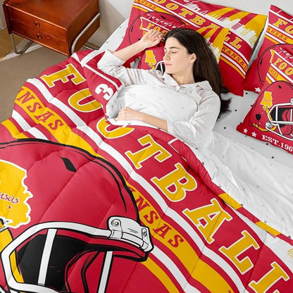 Football Lovers Full Bedding Sets, Football Sports Decor Comforter Set Red And Yellow Football Rugby Helmet Comforter + Flat Sheet + Fitted Sheet + 2 Pillowcases + 2 Throw Pillow Covers (Kansas)