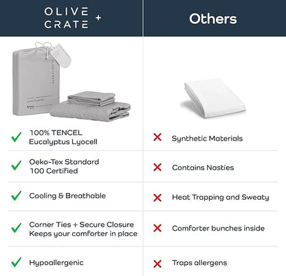 Olive + Crate Tencel Eucalyptus Cooling Duvet Cover Set - Hypoallergenic, Lyocell Tencel Duvet Cover - Soft, Temperature Regulating with Hidden Button Closure & Corner Ties - Queen Size [Gray Mist]