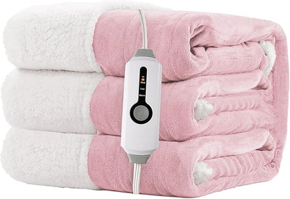 Electric Heated Blanket Twin Size 62"x84" - Dual-Sided with Microplush & Sherpa Fabric, 4 Heat Settings & 10 Hours Auto Off, Machine Washable - Light Pink