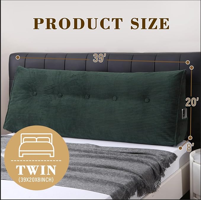 Wedge Headboard Pillow for Bed, Twin Dorm Headboard Support for Sitting Up Reading, Relaxing, Removable Washable Corduroy Cover, Polyester and Shredded Foam Filling, Green