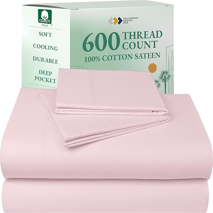 CALIFORNIA DESIGN DEN 5-Star Hotel 600 Thread Count 100% Cotton Sheets Set, Soft & Smooth Queen Sheet Set with Deep Pockets, Quality Beats Egyptian Cotton Claims (Blush Pink)
