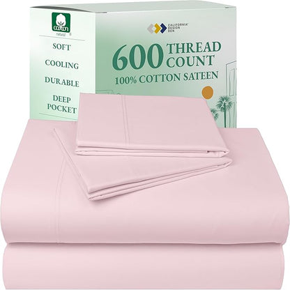 CALIFORNIA DESIGN DEN 5-Star Hotel 600 Thread Count 100% Cotton Sheets Set, Soft & Smooth Queen Sheet Set with Deep Pockets, Quality Beats Egyptian Cotton Claims (Blush Pink)