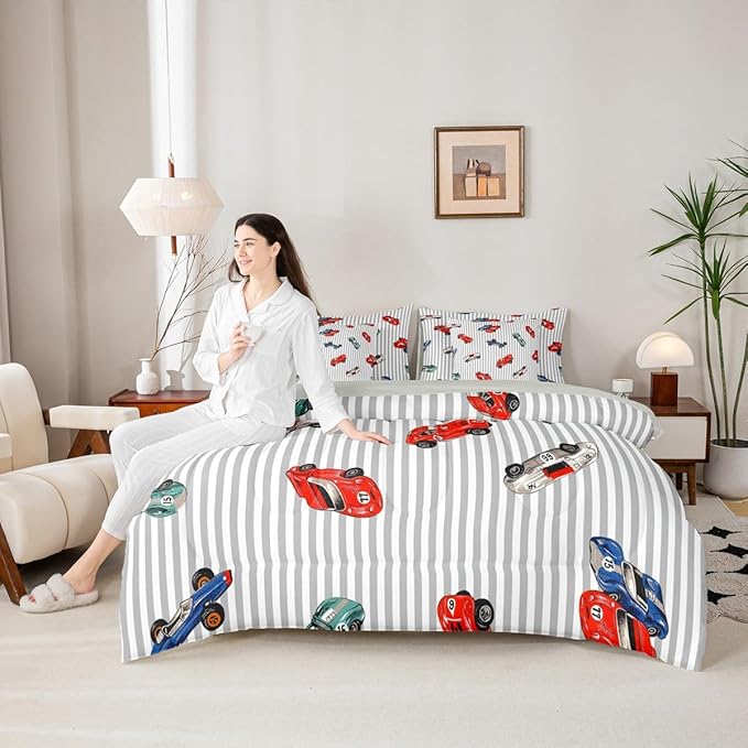 Feelyou Race Car 7 Piece Bedding Set King Size Cartoon Cute Car Comforter Set with Sheets for Kids Boys Girls Speed Sports Bed in a Bag Extreme Sports Bed Set Soft Lightweight
